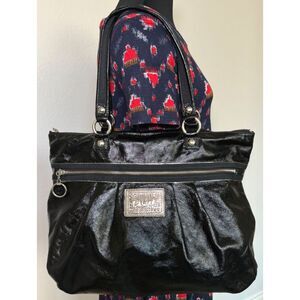 Coach Poppy Daisy Black Liquid Gloss Patent Leather Tote Shoulder Bag Handbag